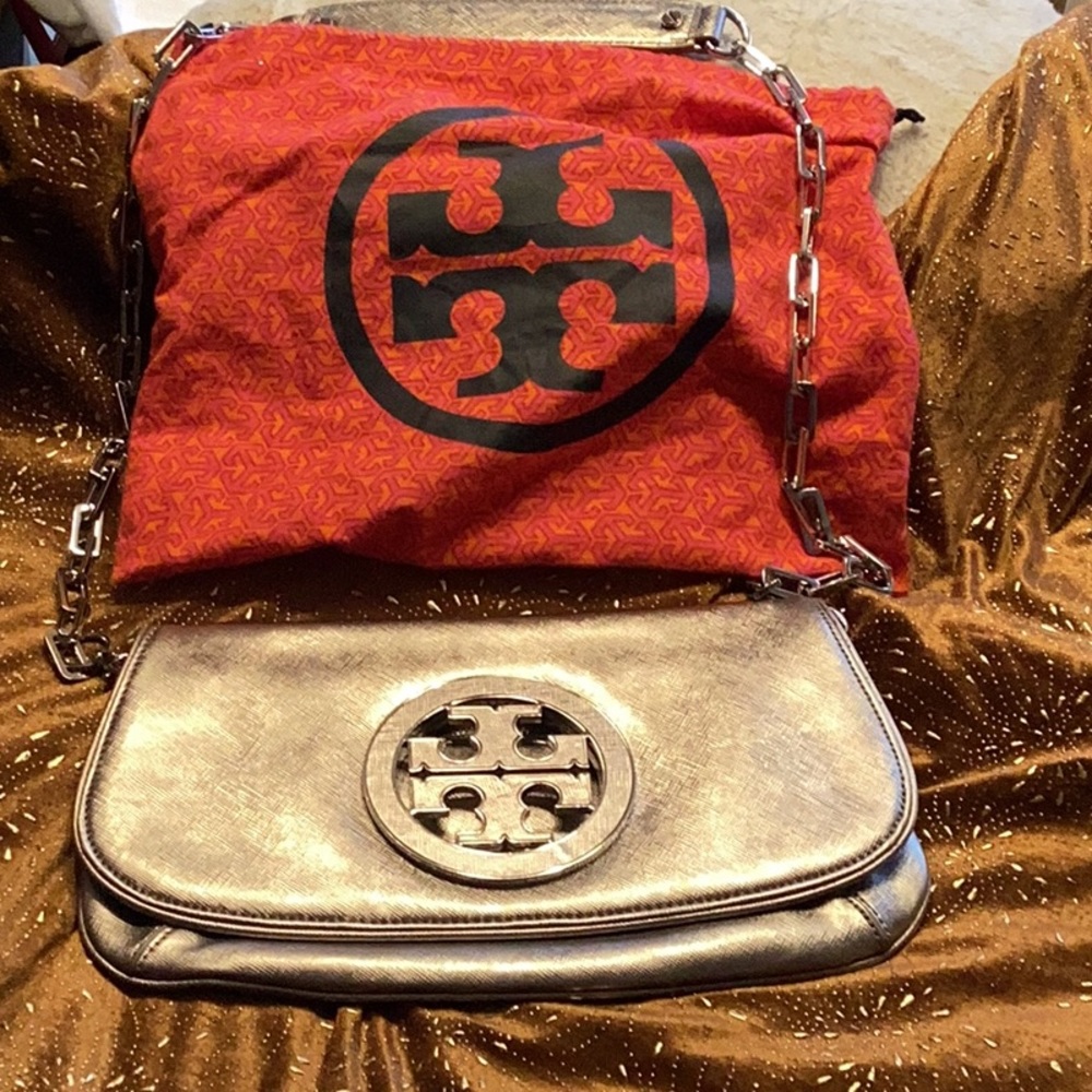 Tory Burch silver metallic Reva clutch